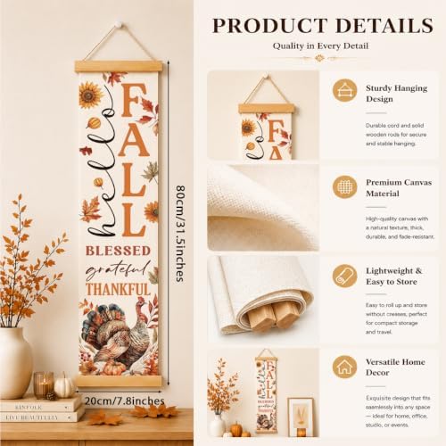 Fall Porch Decor Banner, Blessed Turkey Canvas Banner for Harvest Party