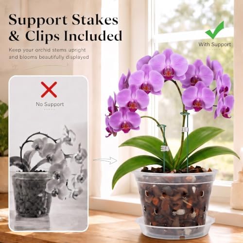 Orchid Pots, 5 Pack 5 Inch Clear Orchid Pot with Hole, Saucer and Stake