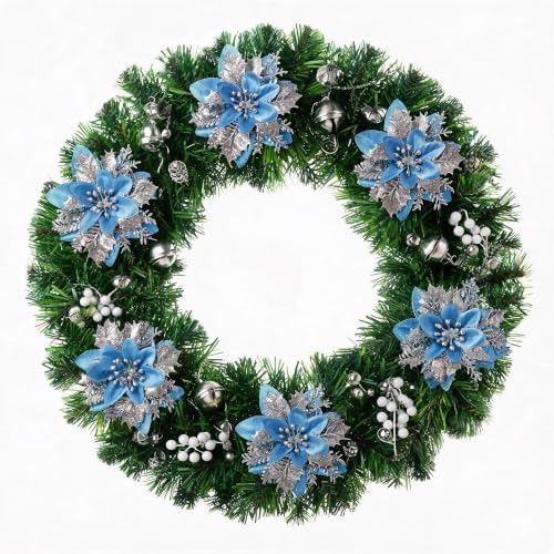 30PCS Artificial Christmas Poinsettia Flowers with Clips and Stems, 5.5 Inch Glitter Blue Xmas Tree Decorations, Holiday Poinsettia Picks Ornaments for Christmas Tree, Wreaths, Garlands & Home