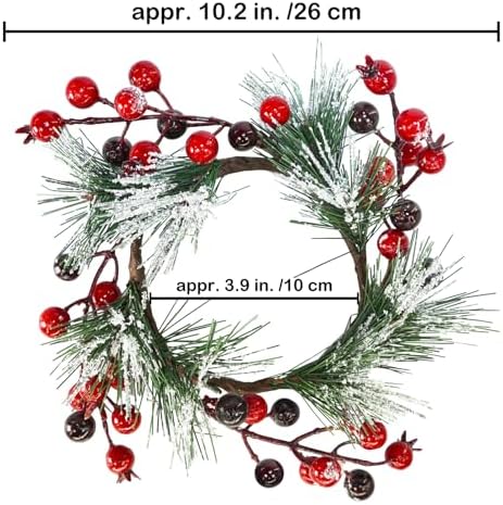 Winlyn 4 Pcs Artificial Pine and Berry Candle Rings Wreaths Snowy Pine Needle Red Berry Mini Christmas Wreaths 10.2" for Winter Wedding Home Holiday Party Decorations Mantel Door Table Centerpiece