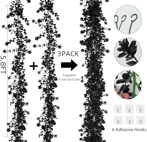 RECUTMS Black Artificial Flowers Black Eucalyptus Garlands,Gothic Decor 3Pc