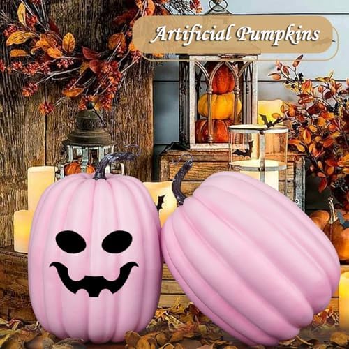 Artmag 8 Inch Large Artificial Pumpkins, 2PCS Big Pink Pumpkins Faux Foam Harvest Pumpkins for Fall Autumn Thanksgiving Seasonal Holiday Decor Decorations (Pink)