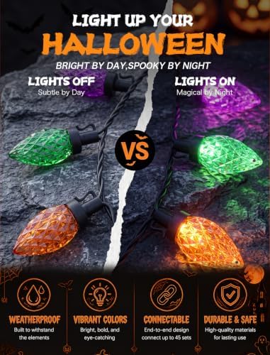 26FT C9 Halloween String Lights, 50 LED Orange Green Purple Diamond Lights