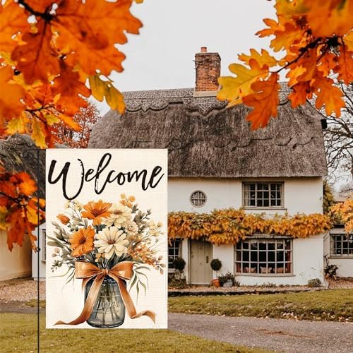 AVOIN colorlife Welcome Mason Jar Fall Floral Garden Flag 12x18 Inch