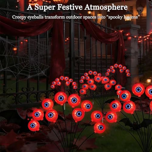 JUSTUP 2PCS Halloween Red Eyeball Solar Lights, IP55 Waterproof Outdoor Lawn Lighting with 10-LED LED Chips, Spooky Ambience Garden Decor for Gardens Lawns & Halloween Parties