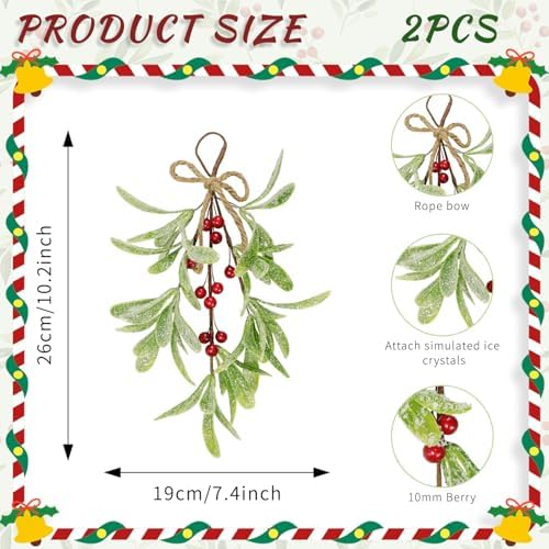 2 Pcs Frosted Mistletoe Hanging Decorations, 10.6'' Artificial Mistletoe Ornament Hanging Kissing Ball with Berry for Christmas Winter Holiday Decor (2, Red)
