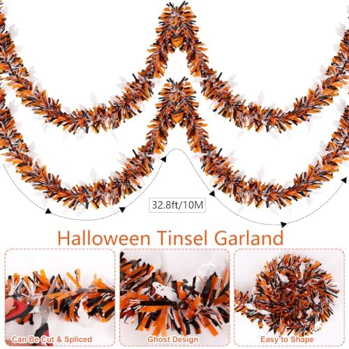 FOIMAS 33FT Halloween Tinsel Garland, Ghost Tinsel Garland Twist Hanging Garland Decorations for Halloween Party Home Mantle Stairs Fireplace Tree Indoor Outdoor