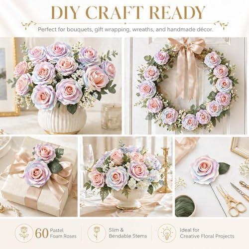60PCS Light Rainbow Artificial Roses with Stems, Real Touch Foam Flowers