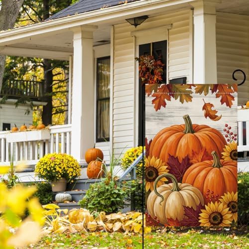 Fall Pumpkin Farmhouse Garden Flag 12x18 Sunflowers Maple Leaves Yard Decor