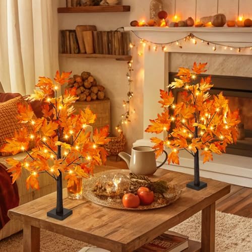 2 Pack 2FT Fall Decorations for Home Artificial Fall Lighted Maple Tree