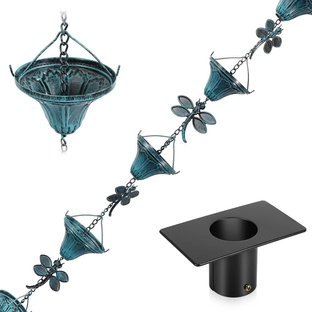 Vindar 8.5 Feet Retro Iron Dragonfly Rain Chain for Gutters Downspouts Uutside, Antique Sky Blue Color 10 Flower Cups