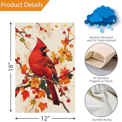 Louise Maelys Fall Cardinal Garden Flag Maple Bird Welcome 12x18 Inch Double Sided Seasonal Autumn Small Burlap Thanksgiving Holiday Yard Sign Outside Outdoor House Decoration