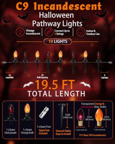 Halloween Pathway Lights with 10 C9 Incandescent Glass Bulbs