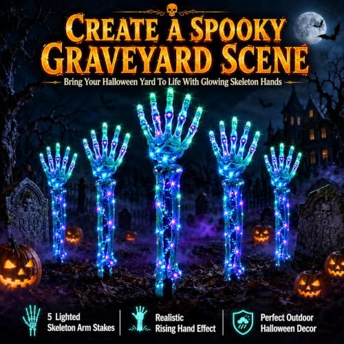 Solar Halloween Decorations Outdoor Light up Chains Skeleton Powered Yard Lights Skull Pathway Ground Breaker Stake Witch Glowing Cauldron for Spooky Haunted Garden Festive Themed Display
