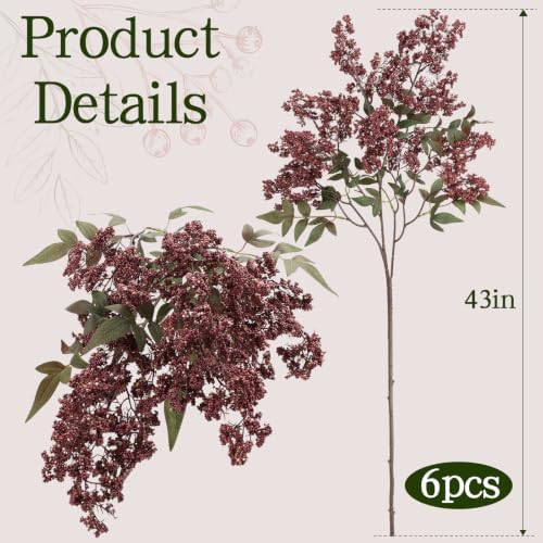 6Pcs 43'' Artificial Nandina Berry Stems Muted Burgundy Branches Home Decor