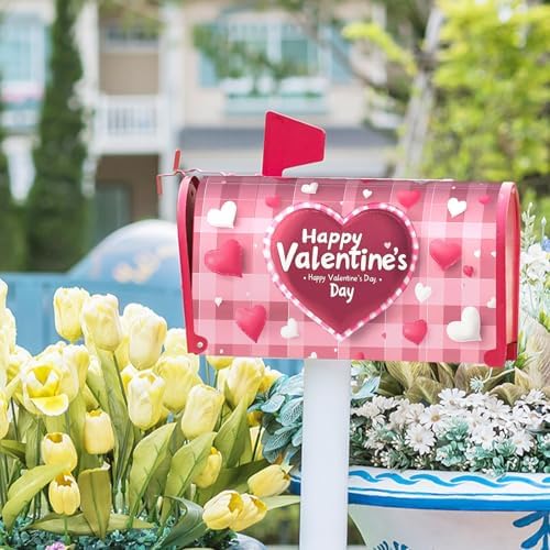 Valentine's Day Plaid Pink Love Mailbox Covers Magnetic White and Pink Love Heart Mailbox Cover Standard Size 18 X 21 Inch Valentines Day Wrap Post Letter Box Decorative for Outdoor Home Garden Yard