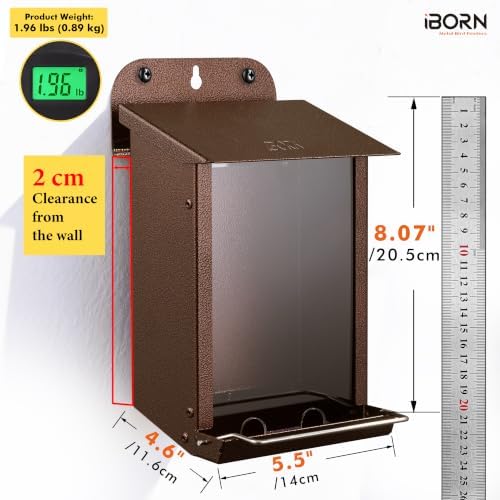 iBorn Bird Feeder for Outdoors, Wall Mounted Bird Feeder Weatherproof Metal Roof, Heavy Duty Metal Birdfeeder for Tree, Fence, Wall Screwed-in Mounting, All Detachable Easy Clean,1.3Lbs, Coffee