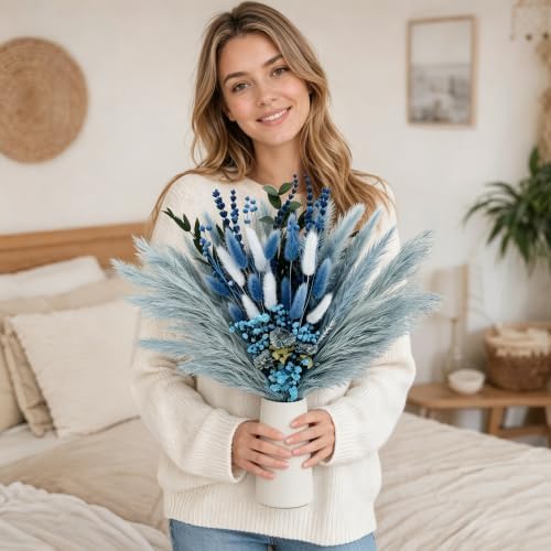 Umero Dusty Blue Pampas Grass Bouquet, 17" Boho Dried Flower Arrangement