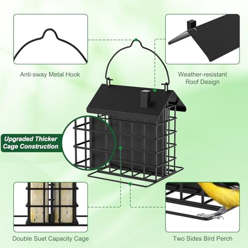 Gbekery All-Metal Double Suet Bird Feeder for Outdoors Hanging, Suet Cake Cage Holder with Weather-Resistant Roof & Perch for Outside Garden, Black