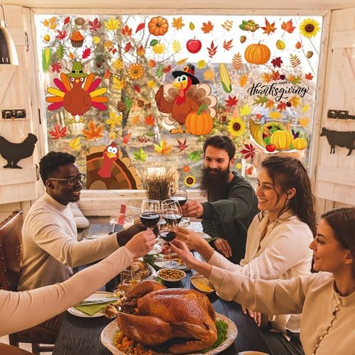 9 Sheets Thanksgiving Window Clings, 116PCS Thanksgiving Decorations Window Stickers, Turkey Decal Stickers with Cute Cones Nuts Maple Leaves Patterns for Fall Harvest Decorations Decor Accessories