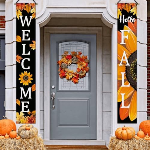 Hello Fall Sunflower Welcome Porch Banner Sign, Autumn Flower Black