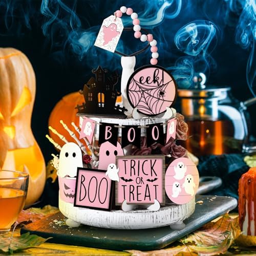 Umigy 15 Pcs Pink Halloween Decor Ghost Tiered Tray Decor Set