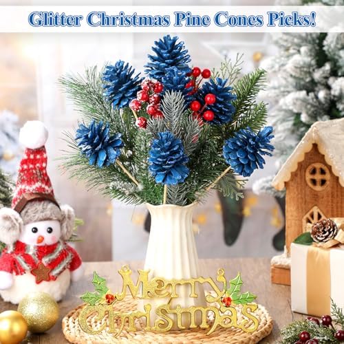 Thiccywoov 12 Pcs Christmas Pine Cone Pick Decoration for Tree Blue 3.15 in
