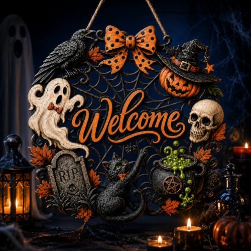 Halloween Wreath for Front Door, Wooden Welcome Sign, Black Cat and Ghost