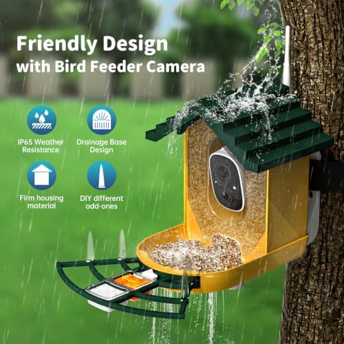 NAVFS Smart Bird Feeder with Camera Solar Powered & AI Bi rd Identification, 2.4Ghz WiFi Bird feeders for Outdoors, 2K Live Video, Instant Arrival Alerts-Green-Yellow