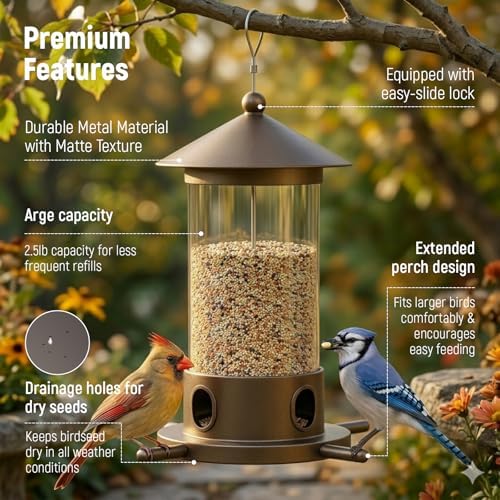 MrCrafts Metal Bird Feeder for Outdoor Hanging - Premium Iron Wild Bird Feeders, Bronze Heavy Duty Iron with Drainage Holes, One-Handed Refill Sliding Roof, Elegant Minimalist Garden Decor