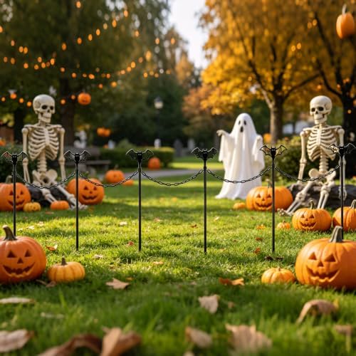 6 Pack Metal Halloween Fence for Outdoor Garden, 23.6" Halloween Graveyard Fence Spooky Yard Cemetery Decorations Bat Lawn Stakes with Connecting Chain for Pathway Haunted House Party Decor