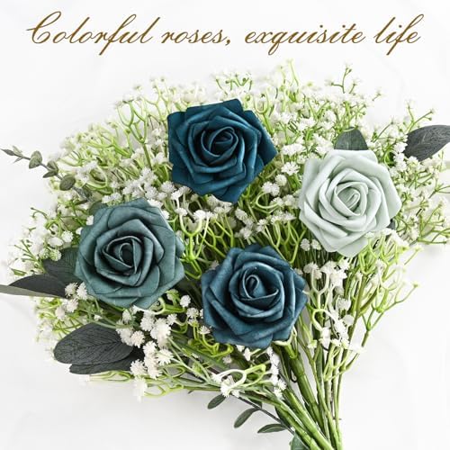 BLEUM CADE 16Pcs Artificial Flowers Fake Foam Roses with Stems for Wedding