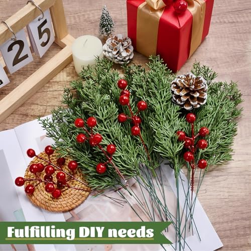 45PCS Artificial Christmas Pine Branches with Red Berry Stems