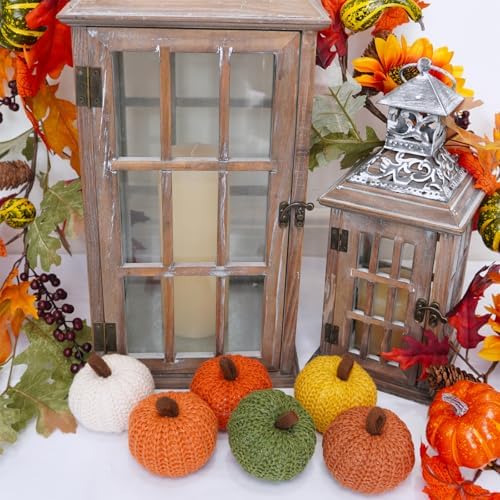 Winlyn Set of 6 Faux Fall Harvest Crochet Pumpkins in Orange, Yellow, Green, Brown, Cream Rustic Farmhouse Pumpkins for Thanksgiving, Halloween, Autumn Mantel, Table Decor