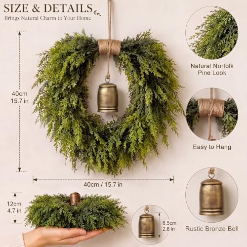 Suncalla Christmas Norfolk Pine Wreath for Front Door with Rustic Bell