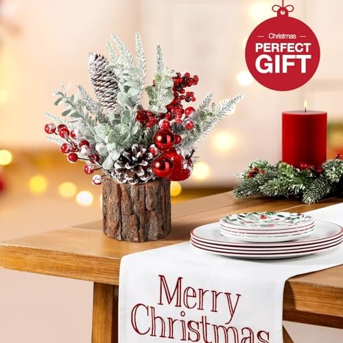 hatisan Small Christmas Tree, Artificial Christmas Tree with Christmas Ornaments Pine Cone Berry, Tabletop Christmas Tree for Christmas Decorations Home Room Party Winter Indoor Outdoor((Red-Round)