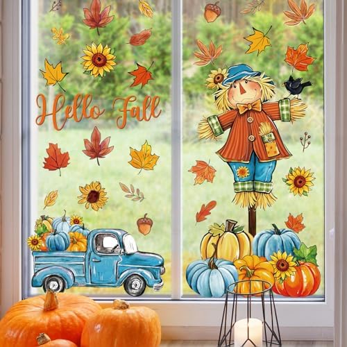 Whaline 6 Sheets Hello Fall Window Clings Blue-Orange Scarecrow Maple Leaves Pumpkin Truck Reusable Window Decals for Autumn Harvest Thanksgiving Home Office School Decor