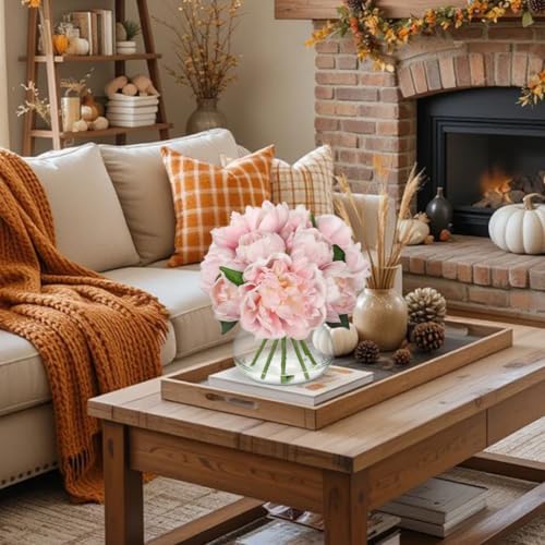 Hollyone Pink Peonies Artificial Flowers with Vase Faux Peonies Look Real Peony Fake Flowers Silk Flower Arrangements in Glass Vase with Faux Water for Bathroom Table Centerpiece Shelf Home Decor