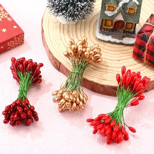 BBTO 300 Pcs Holly Berries 150 Wire Stems Xmas Wreath,Dark Red,Red,Gold