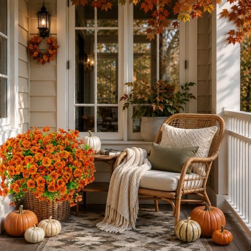 AXYLEX Artificial Mums for Outdoors Fake Fall Flowers Red Orange 16 Pack