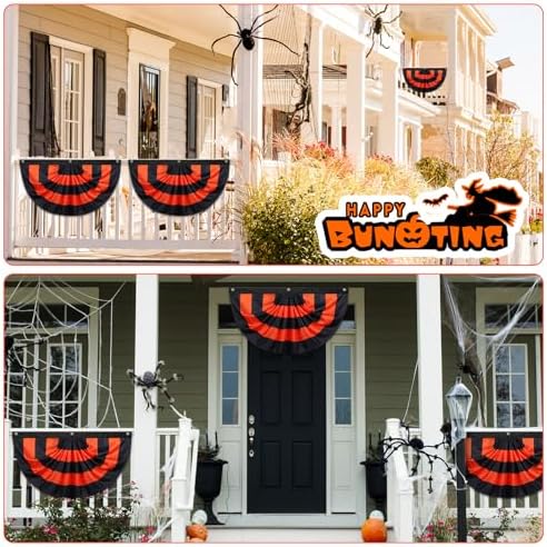 Newwiee 1 Pc 4 x 2 ft ft Halloween Flag Bunting Half Fan Hanging Pleated Flag Banner with 3 Grommets for Halloween Indoor Outdoor House Party Holiday Yard Decorations Props, Black Orange