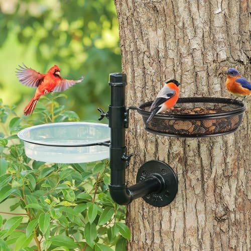 Urban Deco Wall Mounted Bird Feeder With Detachable Tray and 2 Water Bowls for Balcony, Yard, Fence, and Tree - Black
