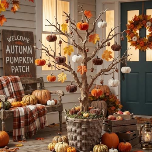 27Pcs Artificial Velvet Pumpkins Maple Leaves Acorns Fall Decor