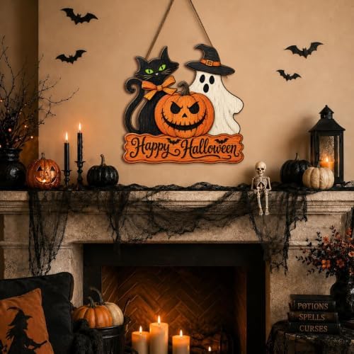 Halloween Door Sign, Wooden Black Cat Ghost Pumpkin Happy Halloween Wreath