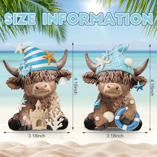 Karenhi 2 Pcs Beach Highland Cow Figurines, Ocean Resin Statues