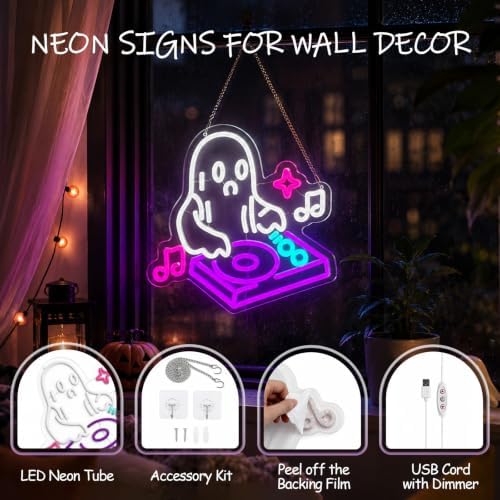 DJ Ghost Halloween Neon Sign, Dimmable LED Music Neon Sign for Wall Decor