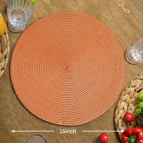 FunWheat Round Braided Placemats Set of 6 Table Mats for Dining Tables Woven Washable Non-Slip Place mats 15 Inch for Fall Decoration(Pumpkin Orange)