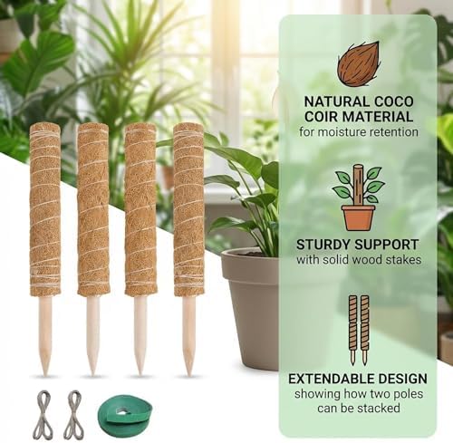 Moss Pole Monstera Plant Support, 4 Packs 16 Inch Plant Stakes for Monstera Moss Stick for House Plants,Moss Stakes for Climbing Plants Indoor, Coir Plant Pole Sticks Support Stakes