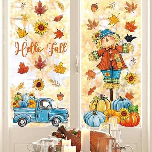 Whaline 6 Sheets Hello Fall Window Clings Blue-Orange Scarecrow Maple Leaves Pumpkin Truck Reusable Window Decals for Autumn Harvest Thanksgiving Home Office School Decor
