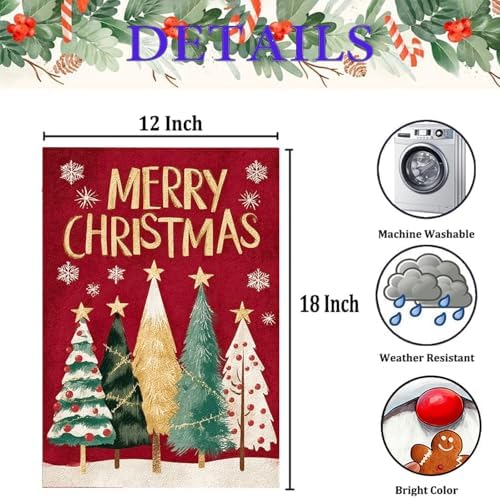 Merry Christmas Trees Garden Flags 12x18 Inch Double Sided for Outside,Small Burlap Holiday Red Yard Decoration,Weather Resistant Outdoor Hanging Banner for Patio Lawn Festive Xmas Decor